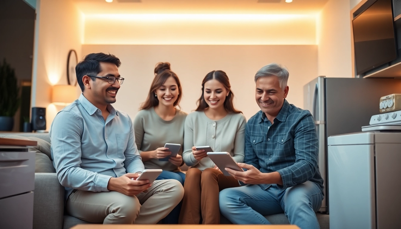 A family enjoying home systems and appliance protection in a modern living room.