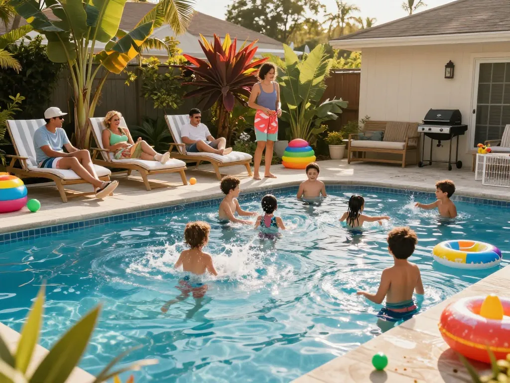Dolphin Pool Services enhancing family fun in a vibrant backyard pool setting.