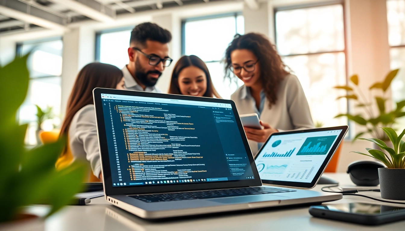 Utilize Technology for innovative collaboration in a modern workspace featuring a diverse team.