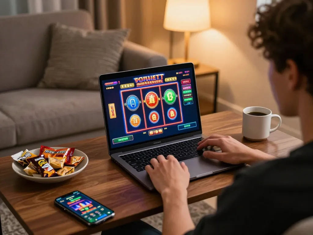 Engaging in online slots gaming on a laptop, showcasing a vibrant slot server kamboja experience.