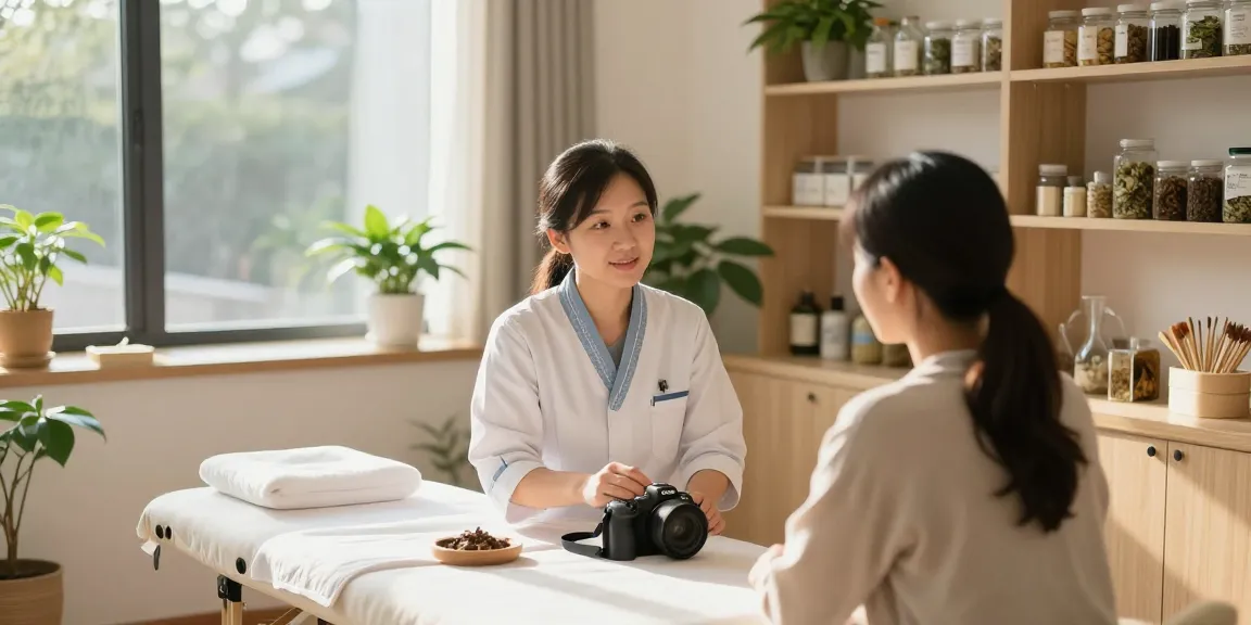 Holistic healing session at 영통한의원 with herbalist consulting patient.