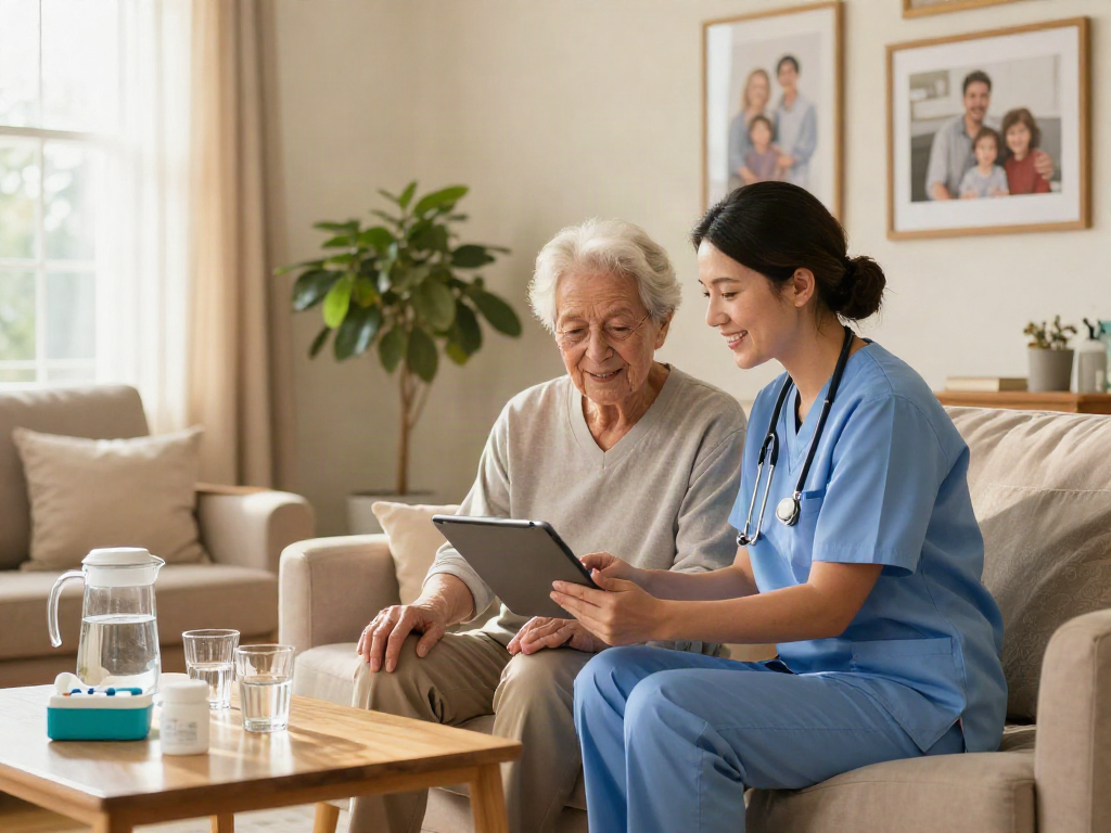 Caregiver assisting senior client at home, highlighting the bonus new member support for health services.