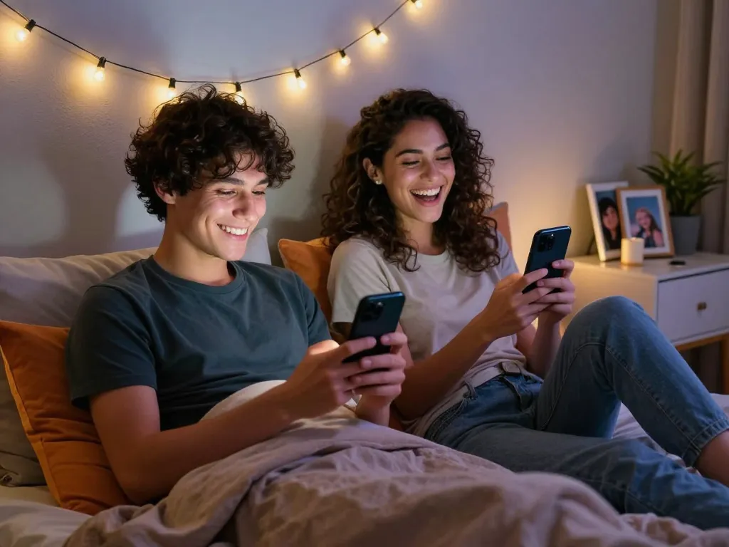 Couple enjoying sexting ai in a cozy bedroom with warm lighting.