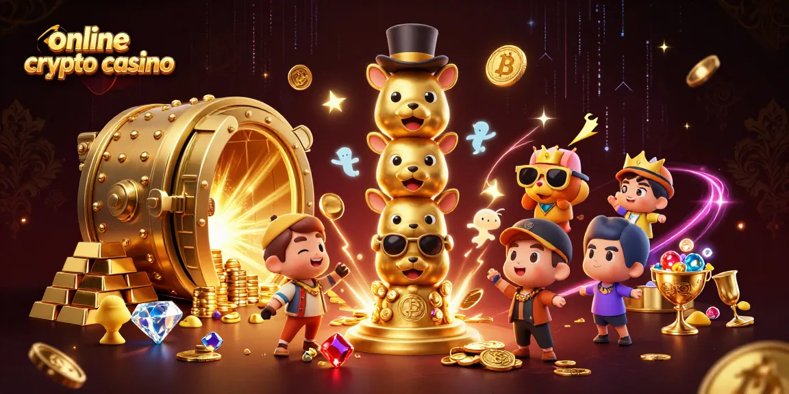 Scopri l'emozionante mondo dell'online crypto casino con una vivace illustrazione 3D che presenta un totem dorato e monete in esposizione.