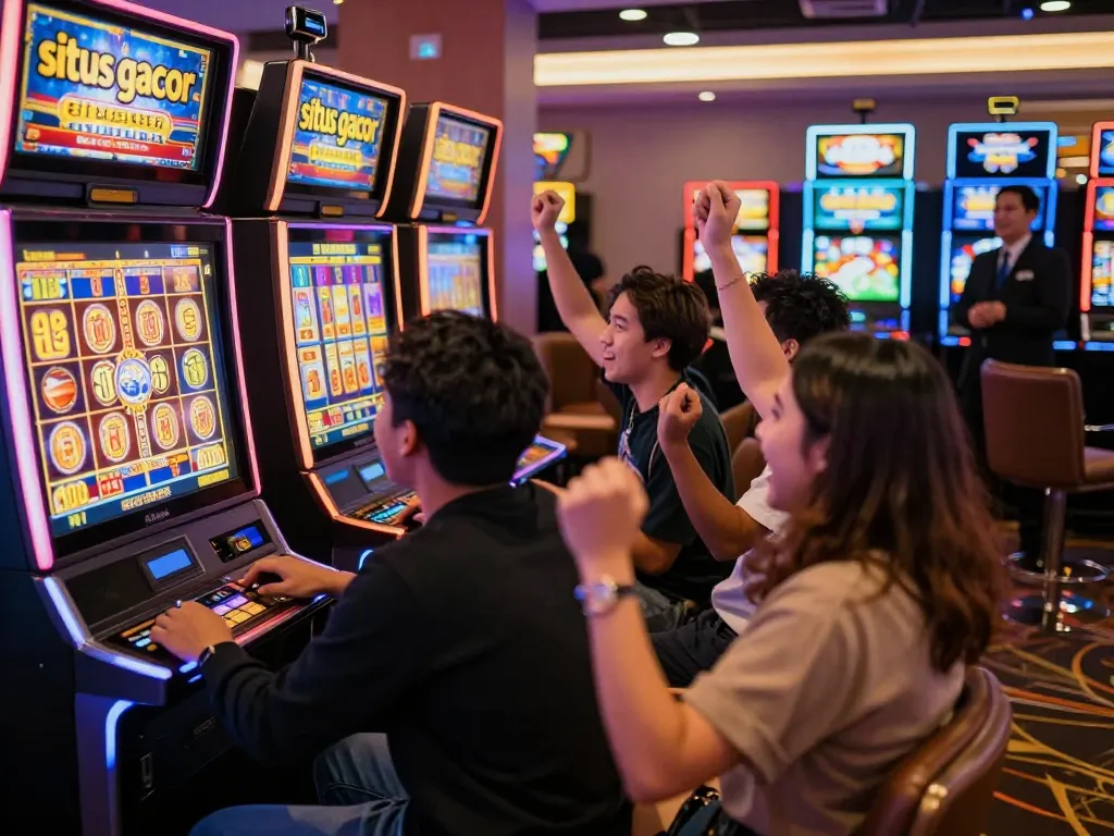 Pemain merayakan kemenangan di kasino yang meriah dengan mesin slot situs gacor.