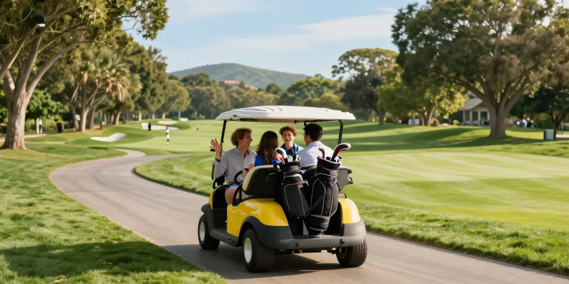 Group of friends driving an electric golf cart 4 seater on a sunny golf course, showcasing leisure and friendship.