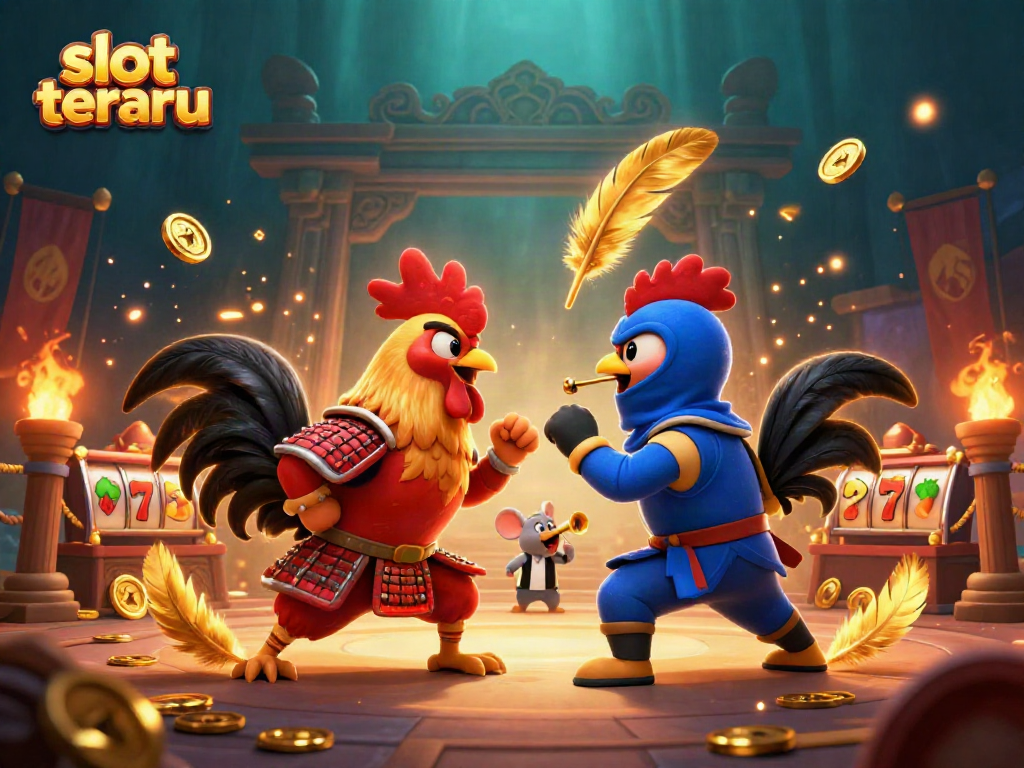 Introducing slot terbaru with fierce roosters in combat amidst casino elements and vibrant effects.