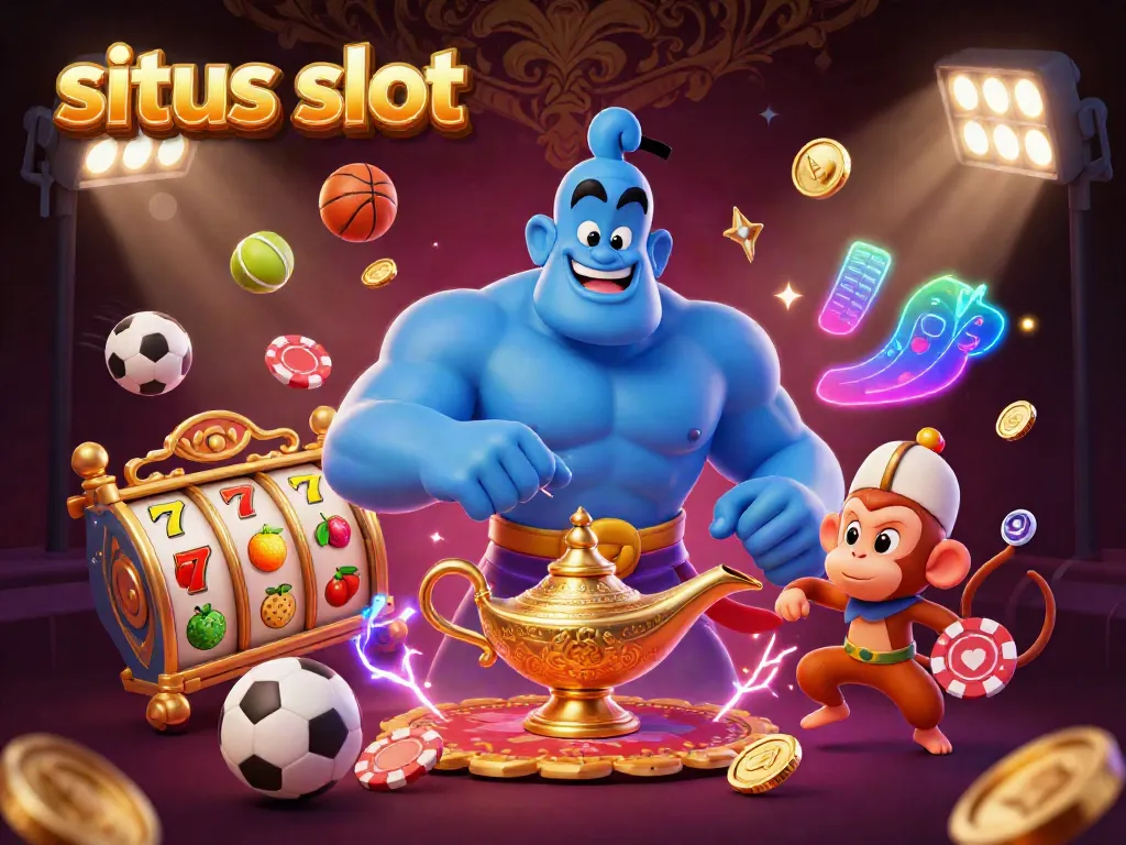 Situs slot visuals featuring a genie, monkey, and a magic carpet with dynamic game elements.
