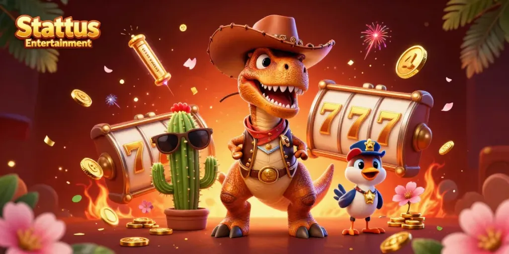 Experience the thrilling world of Stattus Entertainment with a vibrant 3D gaming scene featuring unique characters and slot elements.