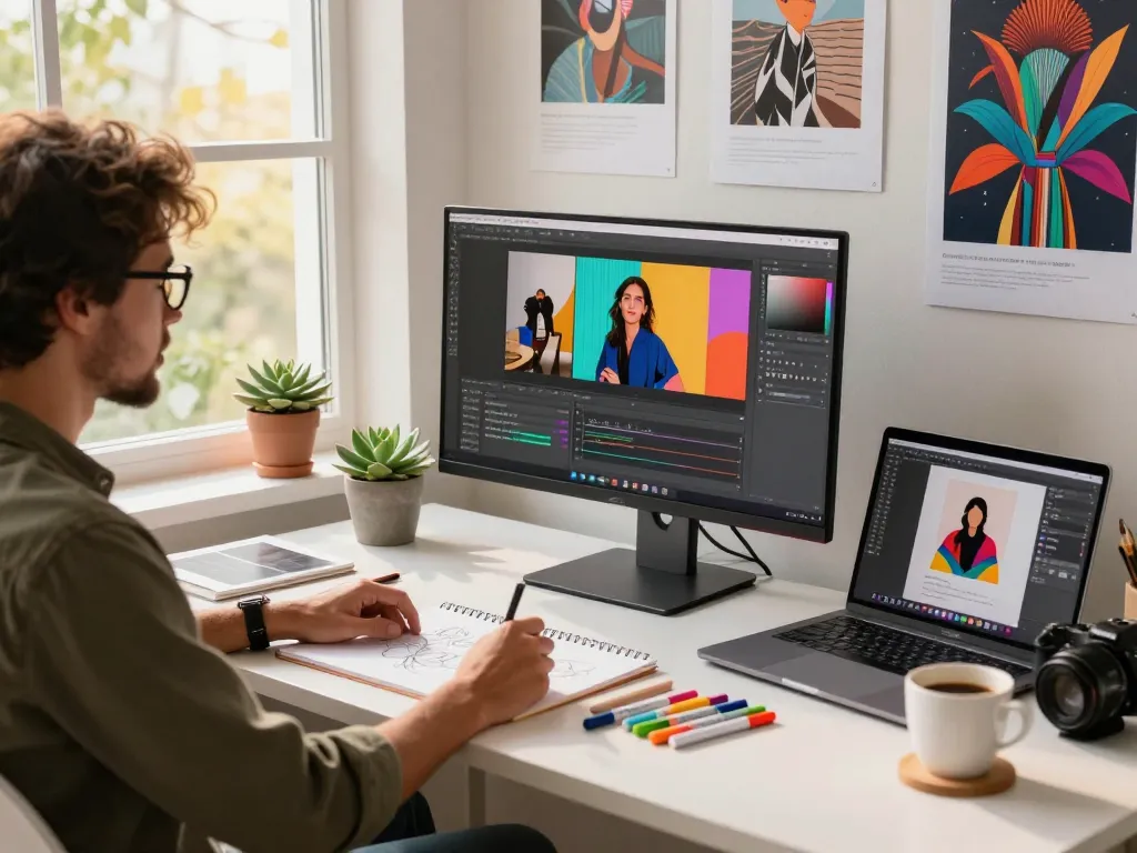 Generate image to prompt tools in a vibrant digital workspace with a designer.