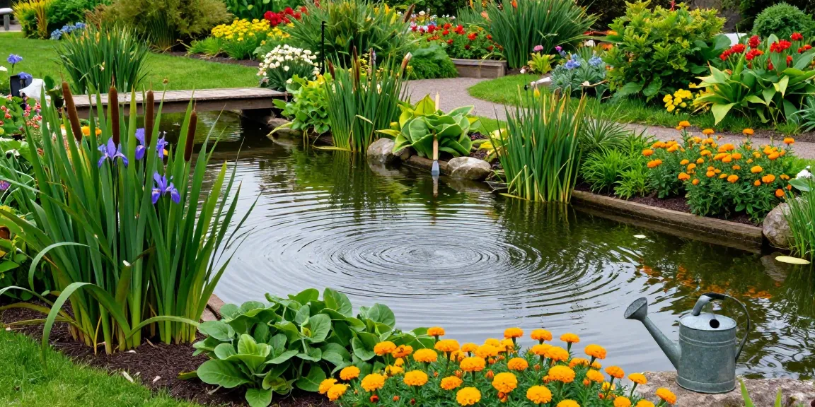 Colorful Marginal Pond Plants thriving around a serene garden pond, enhancing natural beauty and biodiversity.