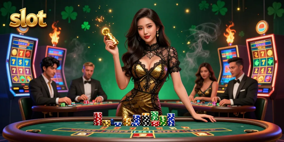 Spin the slot reels at a vibrant casino, surrounded by glamorous players and golden chips.