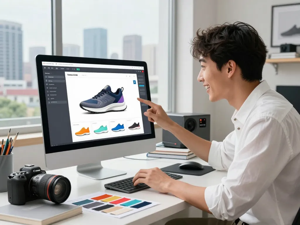 Person customizing sneakers with 3D product configurator software in a modern workspace