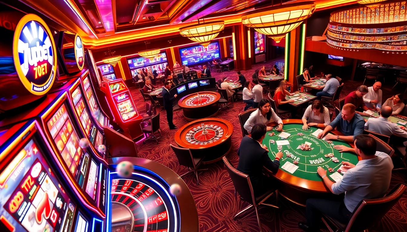 Exciting 7upbet casino scene featuring modern slots, roulette, and eager gamblers.