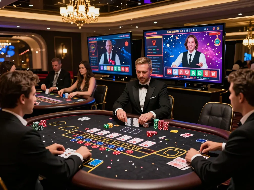 Engaging online baccarat gaming scene showcasing players and live dealers in a sophisticated virtual casino.