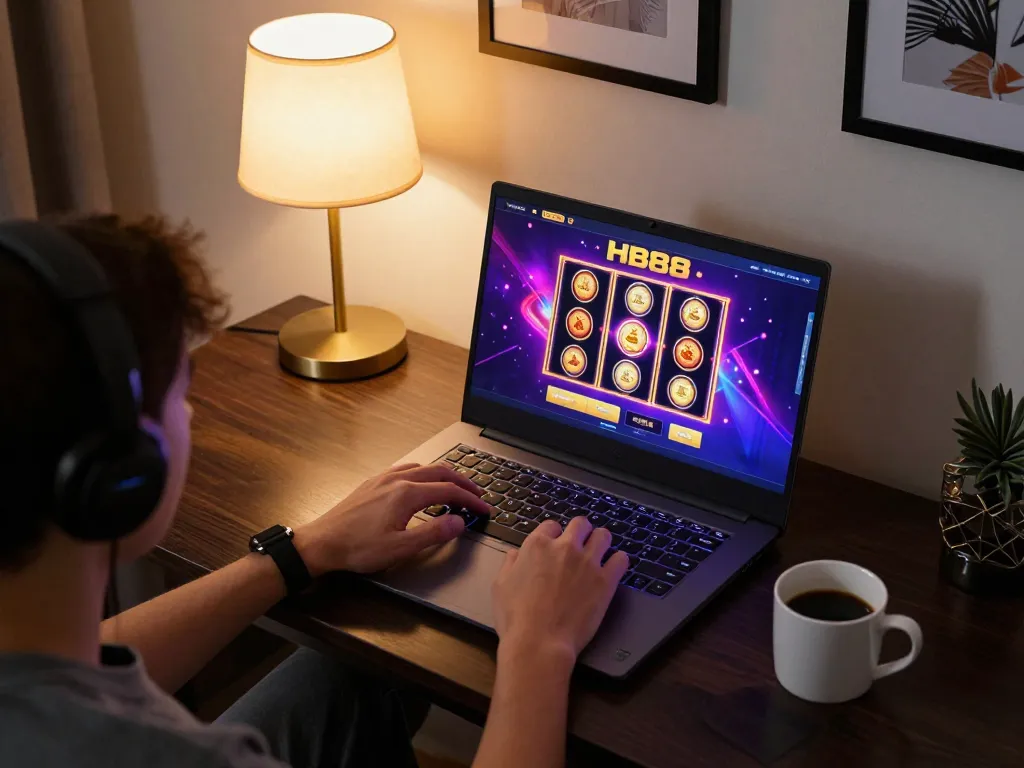 Engaging home gaming experience with HB88 online casino on laptop screen, showcasing vibrant slot game graphics.