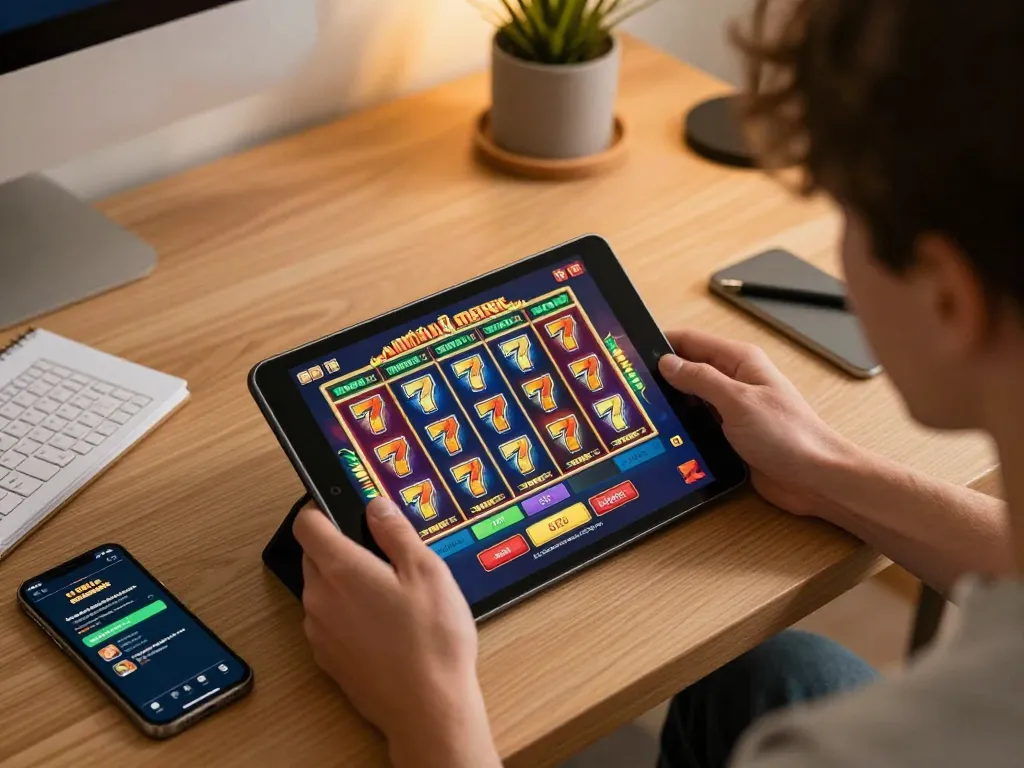 Engaging gameplay on slot 777 displayed on tablet in a cozy home gaming setup.
