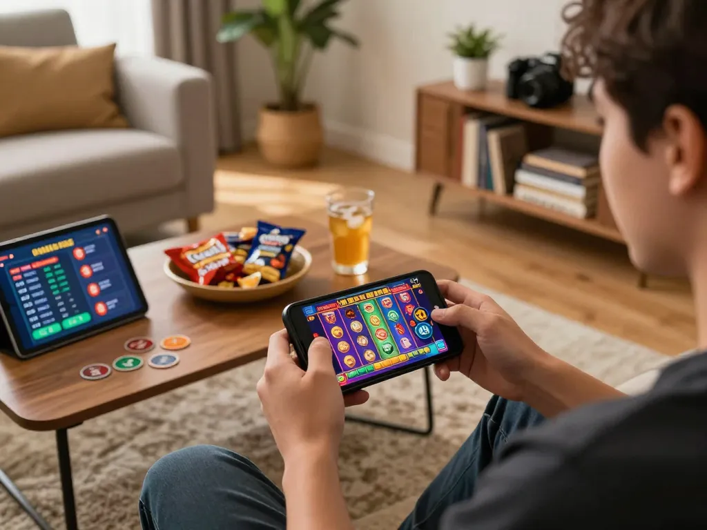 Engaging in slot gacor gampang menang mobile gaming in a cozy living room environment, showcasing thoughtful strategy.