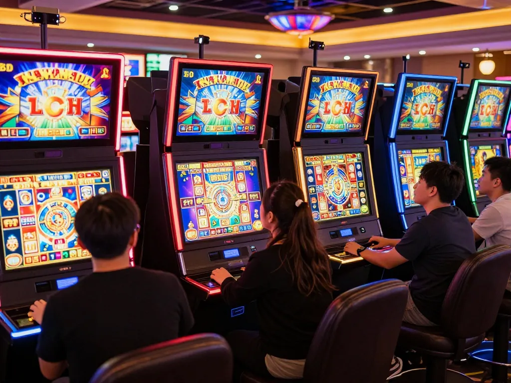 Players enjoying interactive alexis77 slot machines in a lively online casino scene, showcasing excitement and engagement.