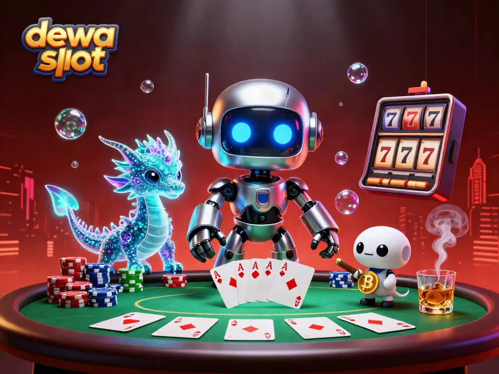 Ilustrasi 3D dewa slot yang dinamis dengan karakter robot, naga, dan drone di meja poker.