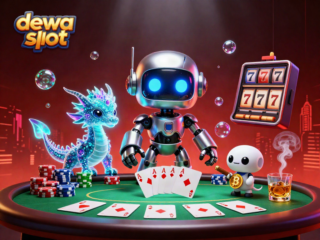 Ilustrasi 3D dewa slot yang dinamis dengan karakter robot, naga, dan drone di meja poker.