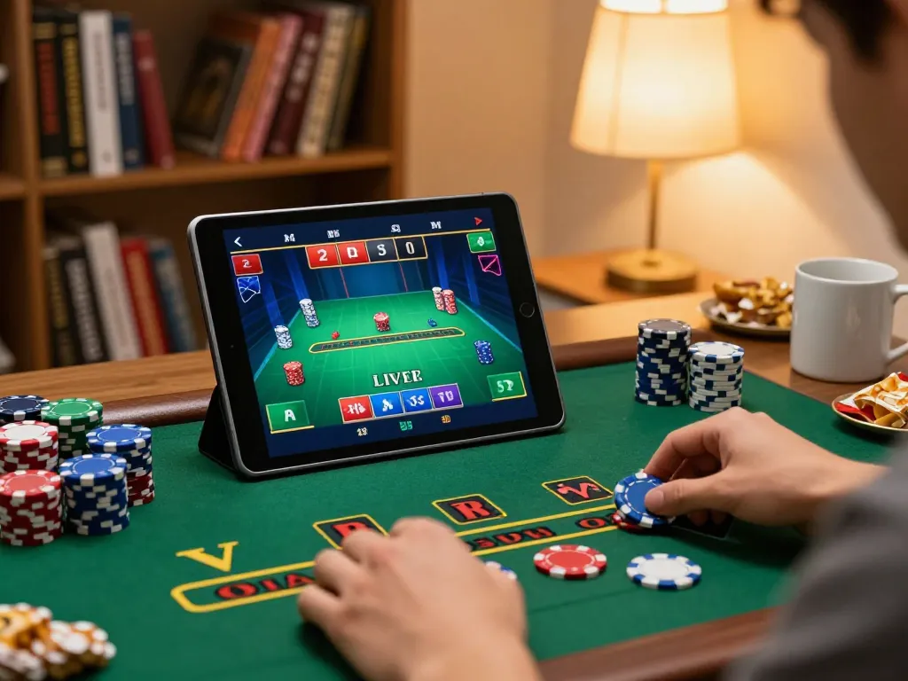 Engaging online gaming moment at MM88 with live dealer blackjack on tablet, showcasing player action.