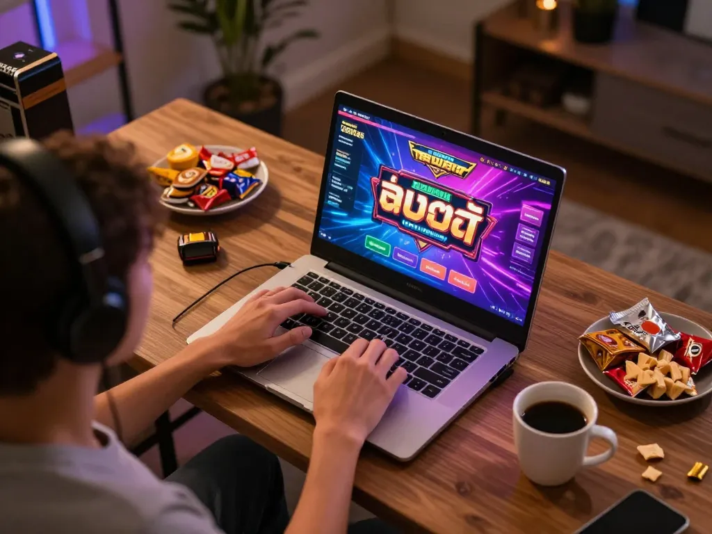 Engaging with เว็บสล็อต through vibrant gameplay on a laptop in a cozy home setting.