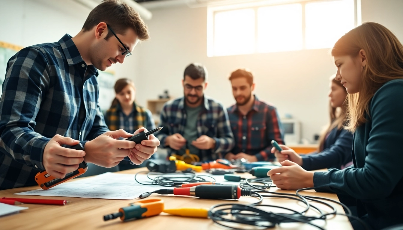 Hands-on training in electrical apprenticeship with enthusiastic students learning wiring techniques.