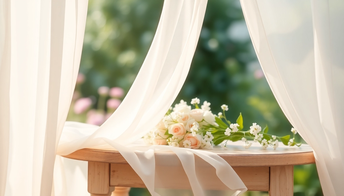Chiffon stof die elegant uitgestrekt is over een vintage tafel met bloemen.