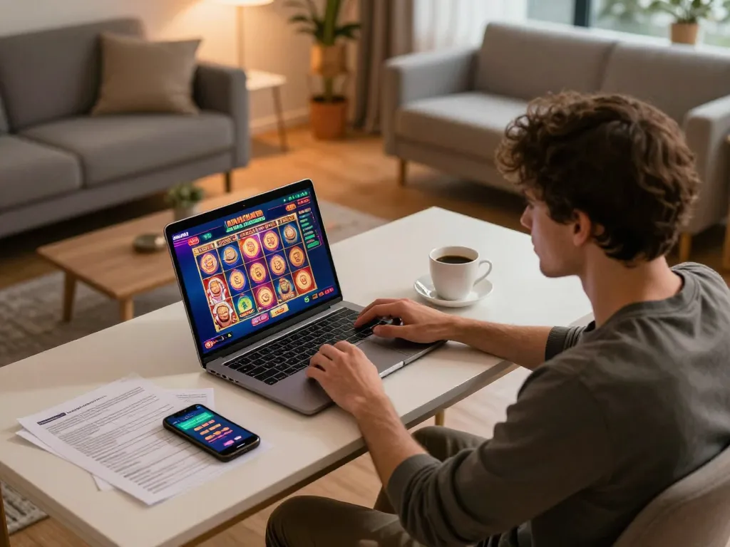 Engaging in online gaming at home, exploring casino senza licenza aams with vibrant slot game interface.