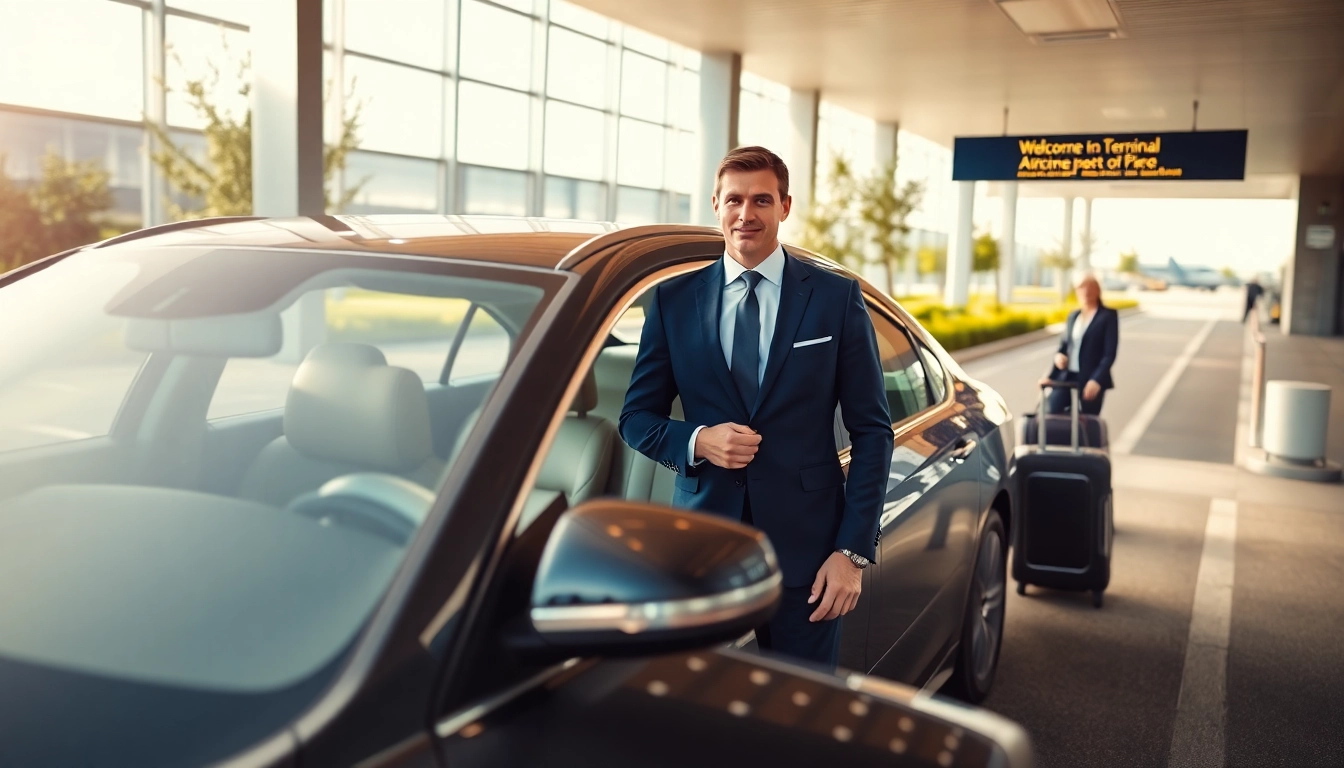 Private Airport Transfers with a professional chauffeur at the airport terminal.