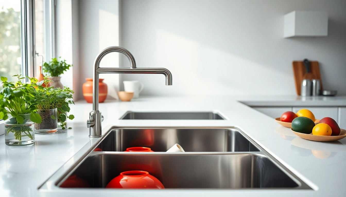 Showcase of a kitchen sink in stainless steel with elegant design and bright decor.