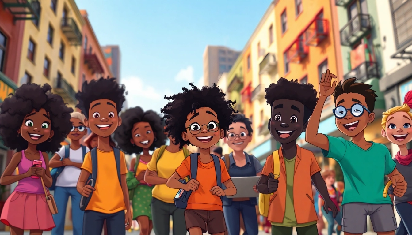 Dynamic scene featuring African American Cartoons characters celebrating diversity and joy in an urban setting.