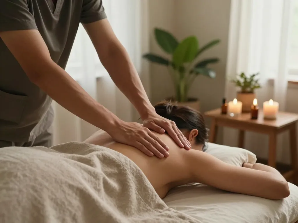 서울출장마사지 session in a calming living room with essential oils and soft lighting.