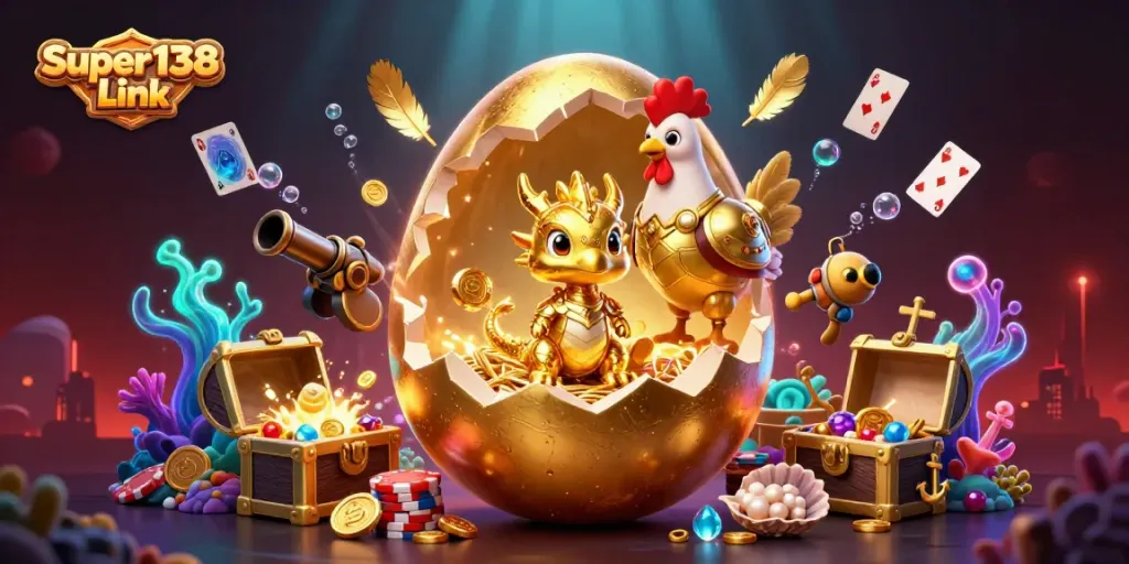 Engage with the Super138 Link featuring a golden egg, dragon, and poker chips in a vibrant casino scene.