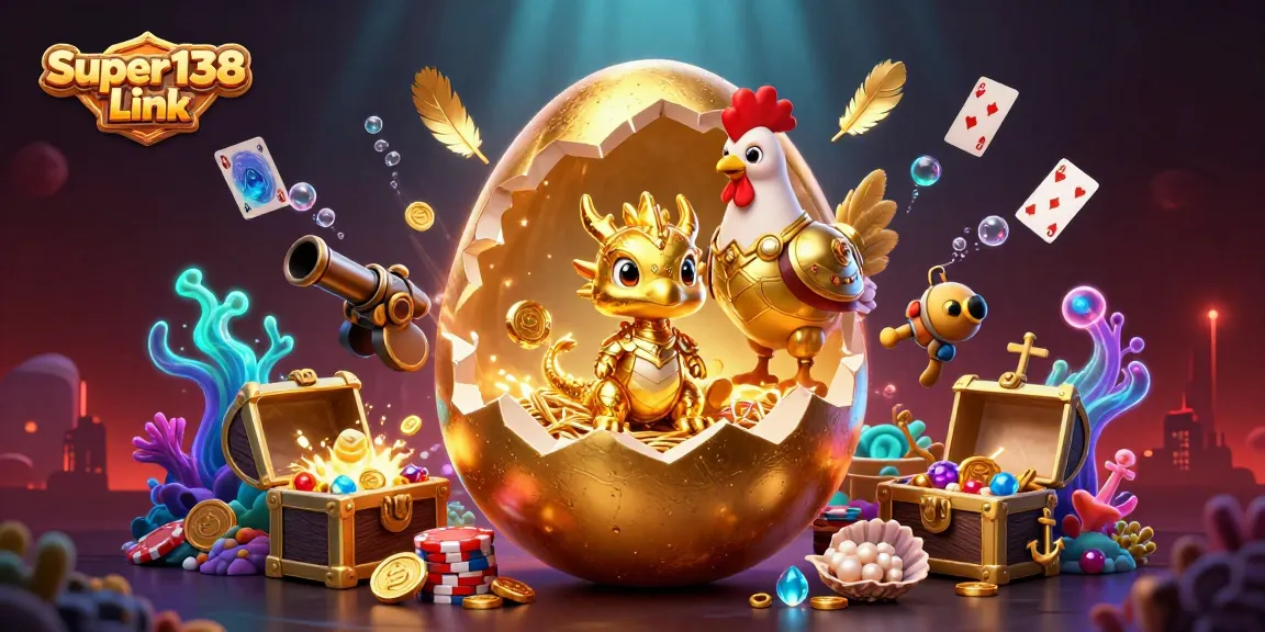 Engage with the Super138 Link featuring a golden egg, dragon, and poker chips in a vibrant casino scene.