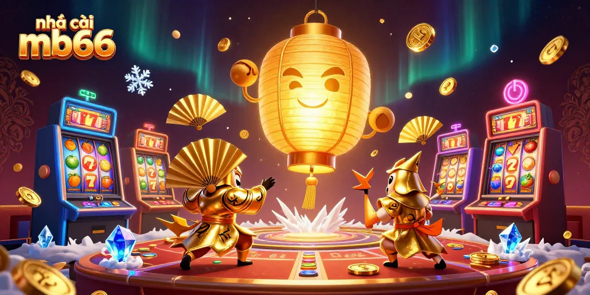 Engage with nhà cái mb66's dynamic gaming experience featuring golden lantern spirits amidst vibrant slot machines.