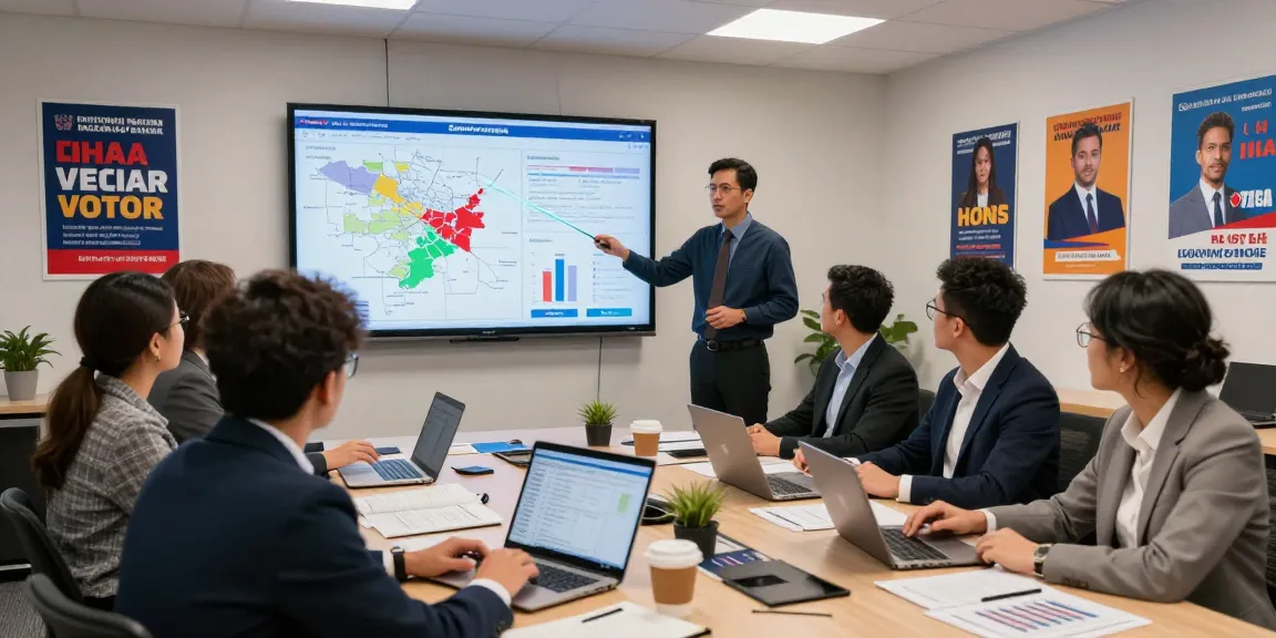 Political campaign analytics displayed in a dynamic team meeting showcasing voter data.