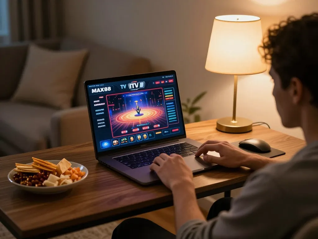 Player engaging with MAX88 TV online casino on laptop in a cozy living room.