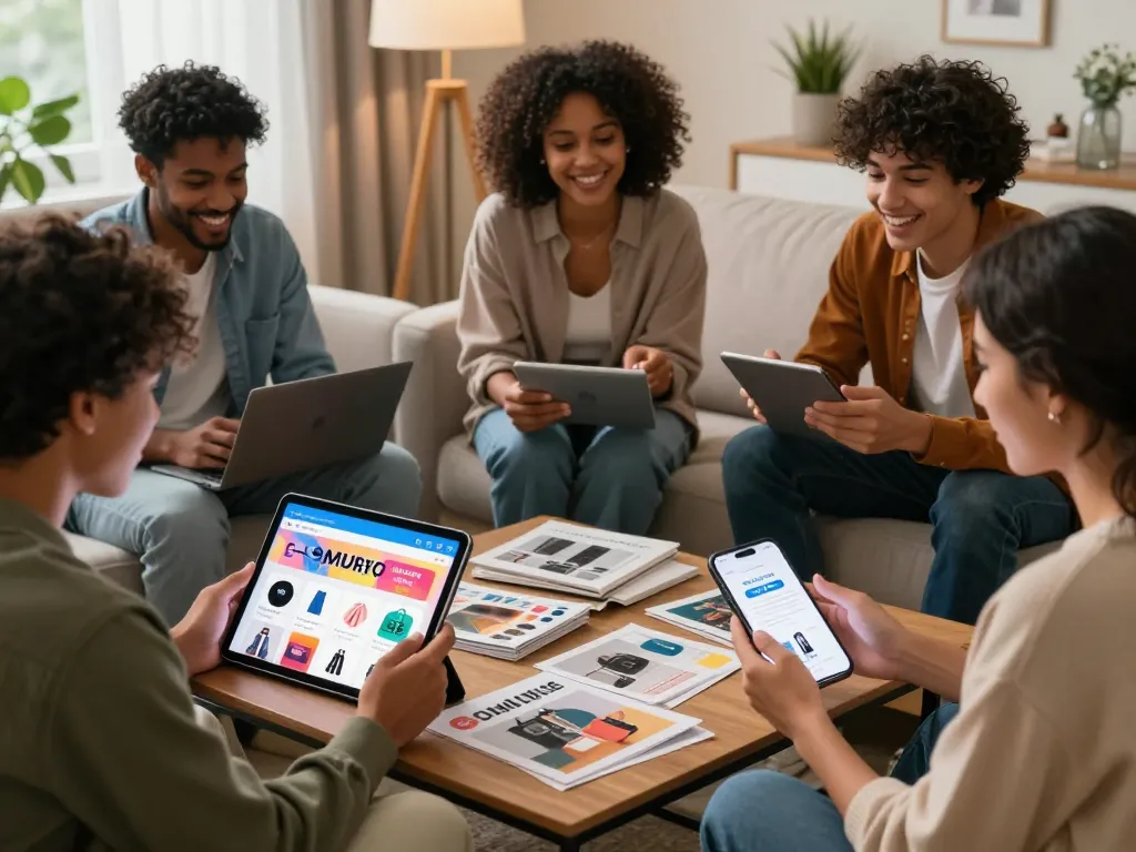 Shoppers engaging with vibrant online sales at https://hubet88.icu/ on tablets in a cozy home.