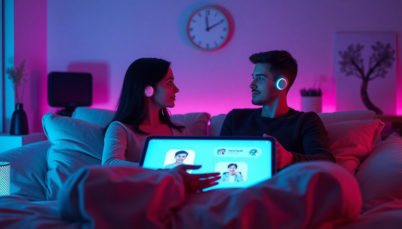 Engaging ai sexting conversation with digital avatars in an intimate, ambient setting.