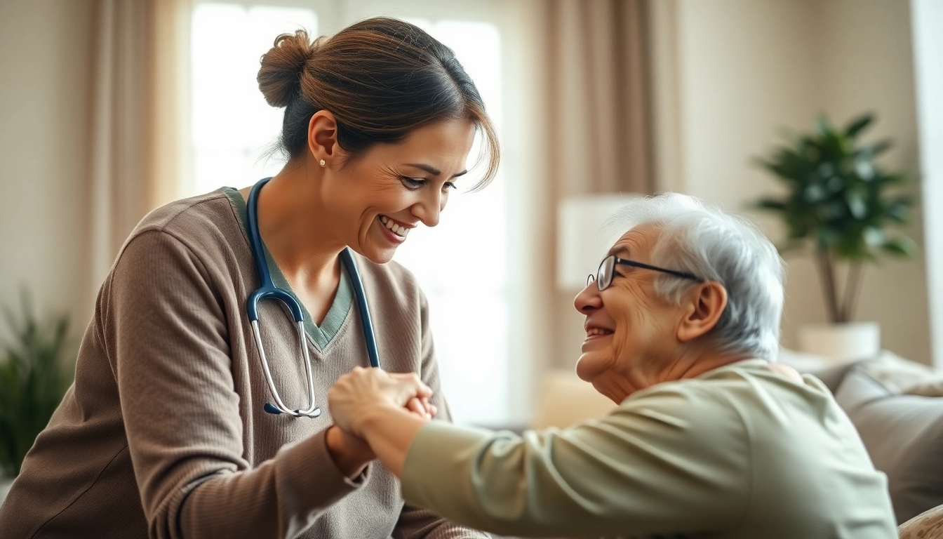 Providing at home health care in a warm living room with a supportive caregiver.