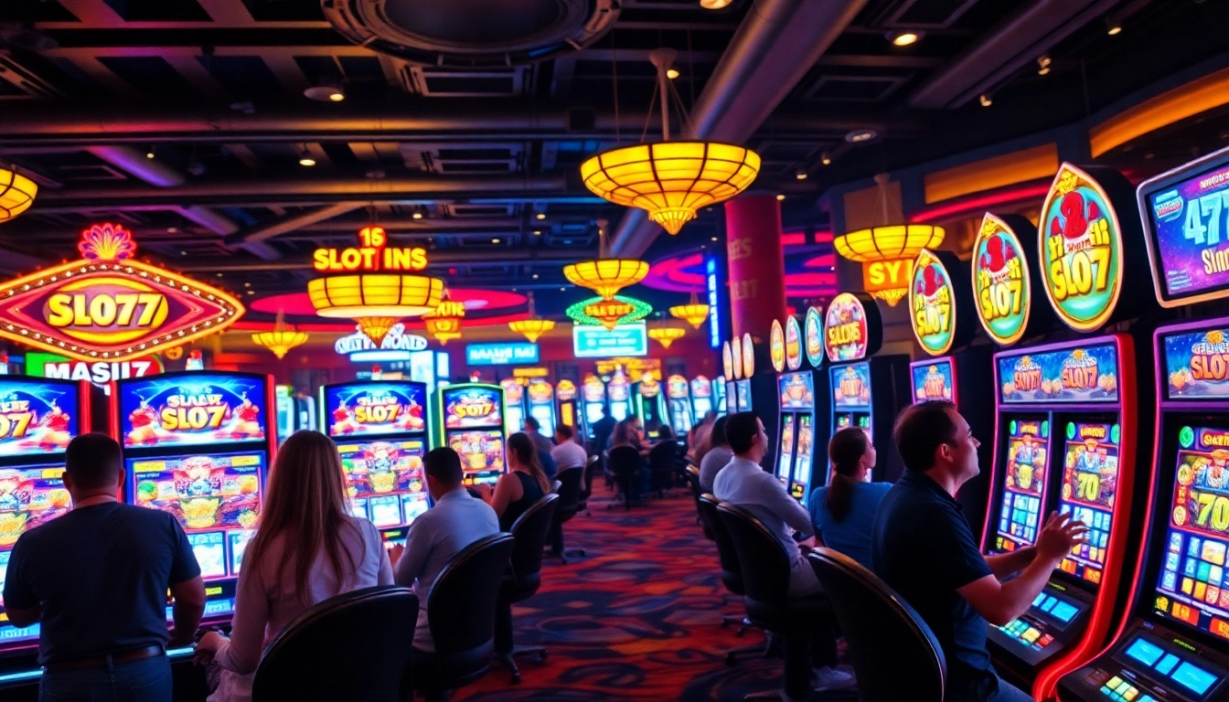 Mainkan Slot77 dengan mesin slot yang cerah dan para pengunjung yang antusias.