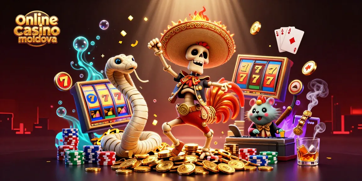 Scenă din online casino moldova cu personaje fantastice și simboluri de jocuri de noroc.