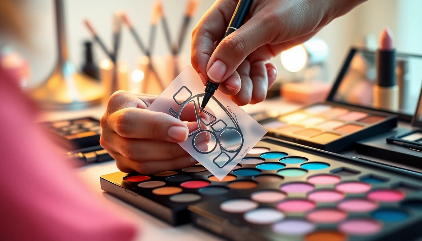 Applying eyeliner stencil with precision against a vibrant makeup palette.