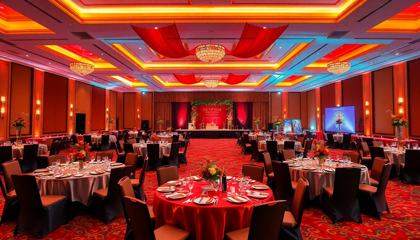 Event location showcases an elegant setting with vibrant decor and ambient lighting.