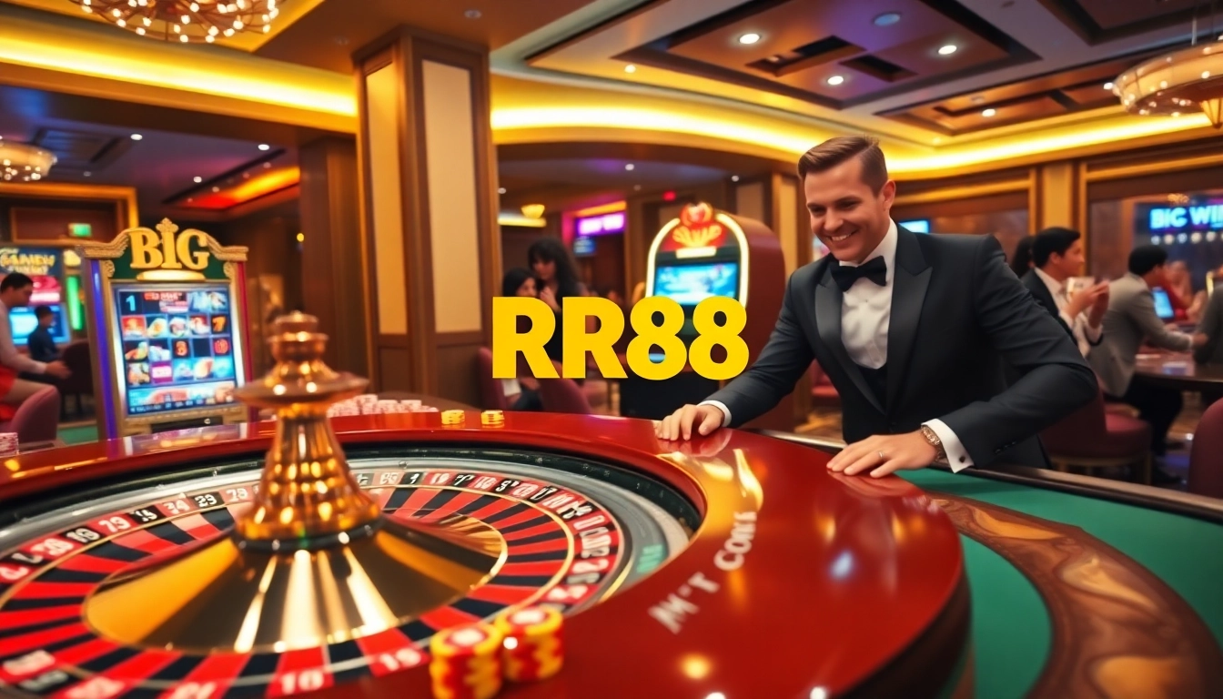 RR88 players engaging with live casino tables and colorful slot machines.