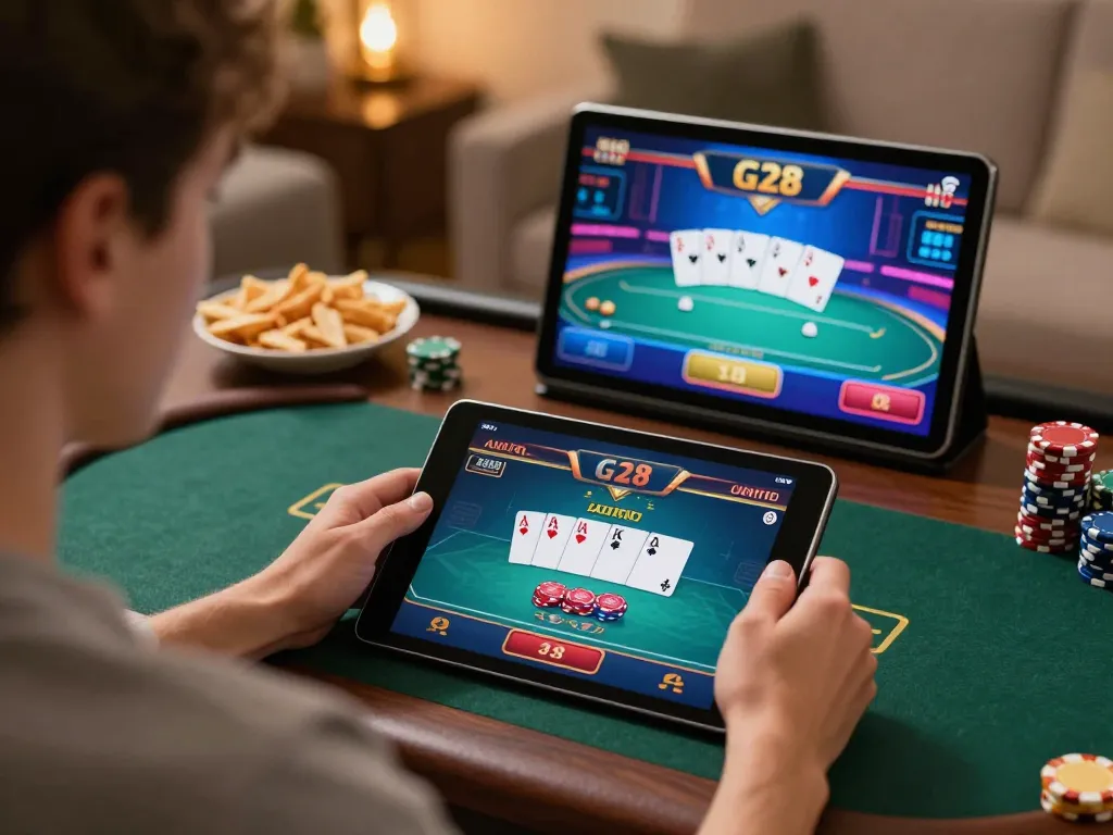 Engaging online gaming session on G28 platform with vibrant poker graphics, showcasing responsible gambling.