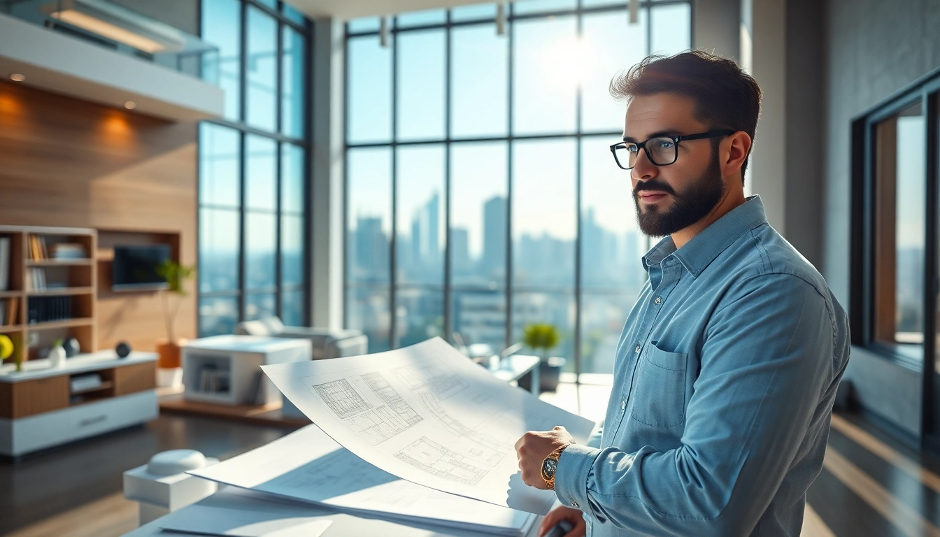 Residential architect working on an innovative home design with blueprints in a bright urban setting.