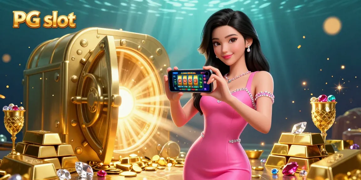 Engage with the thrilling PG slot experience featuring a confident woman in a vibrant casino scene.